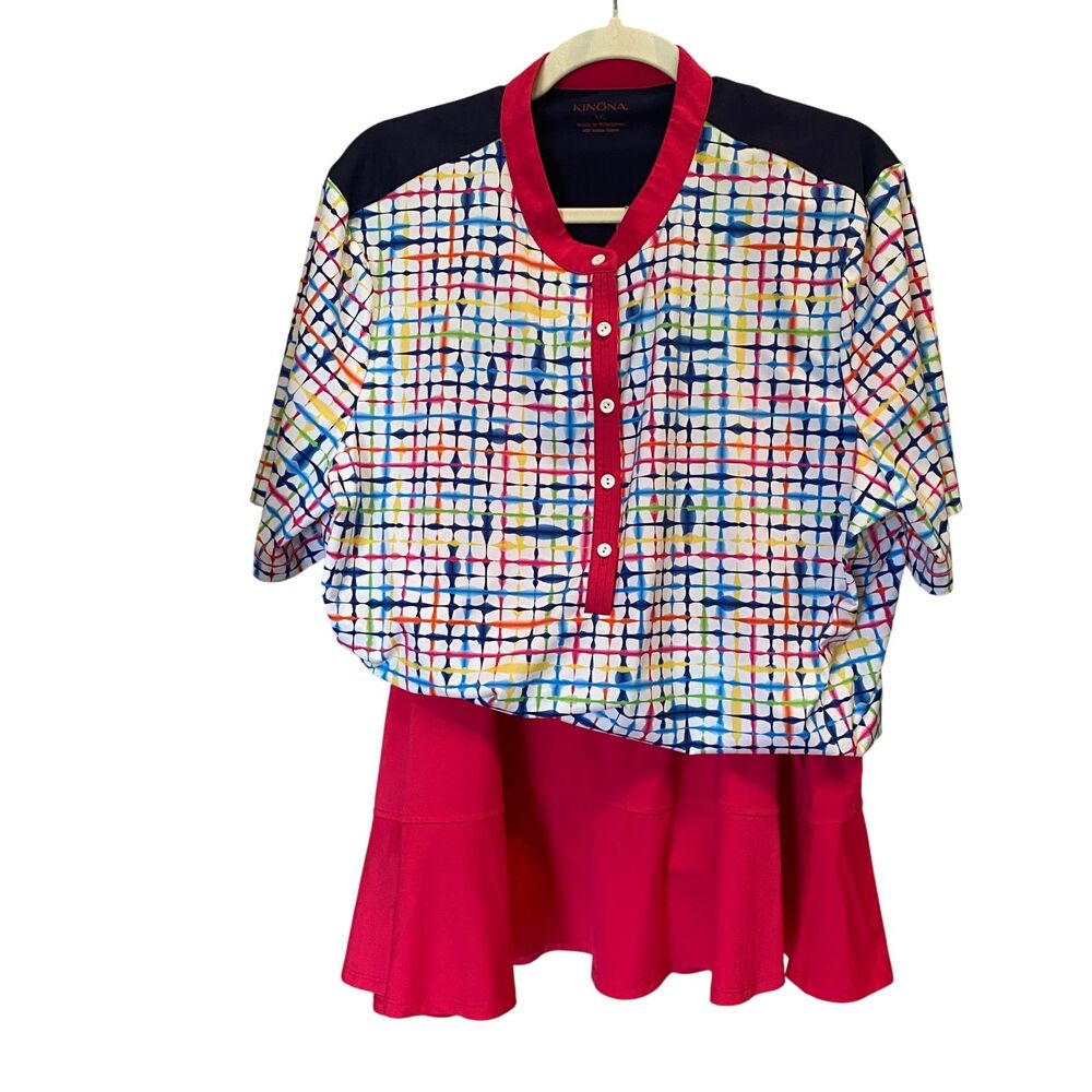 KINONA 2pc Golf Set Shirt Skort Ruffle Red Blurred Lines EUC XXL